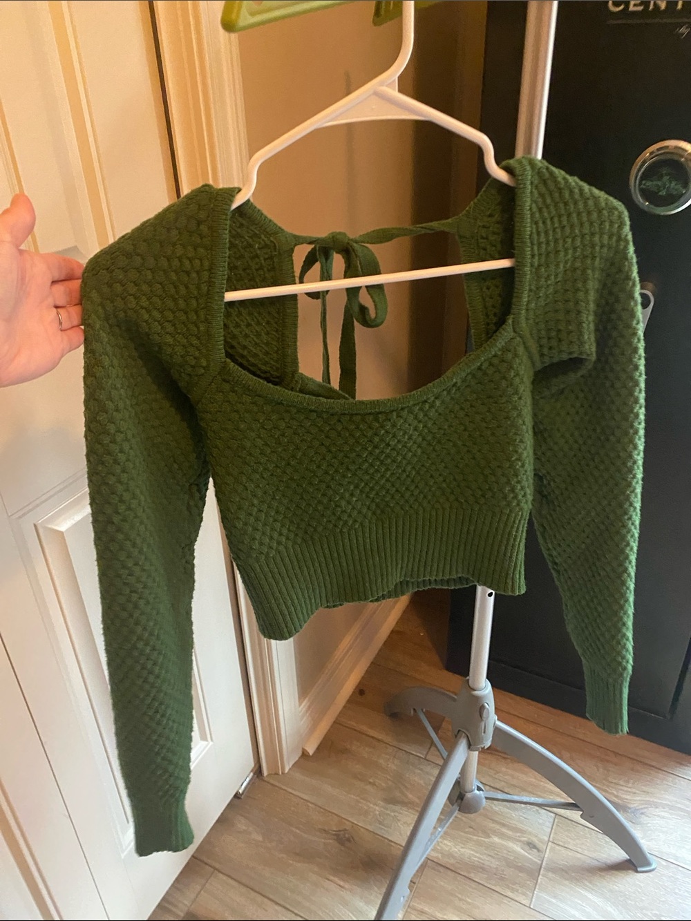 Forever 21 Olive Green Off-the-Shoulder Cropped Tie-Back Sweater